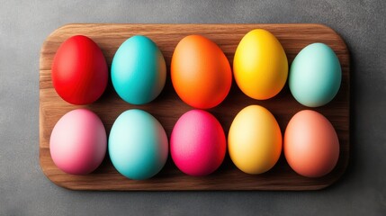 A festive arrangement of colorfully decorated eggs showcases various vibrant hues and artistic designs, perfect for celebrations and seasonal festivities.