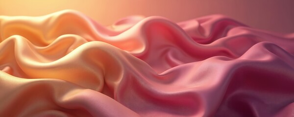 Illustration of gold and pink gradient silk fabric. Flowing material with soft curves and smooth texture. Elegant drapery reflects light creating luxurious and romantic background.