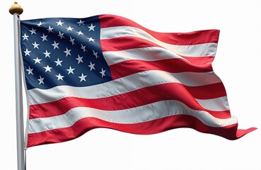 Obraz premium Illustration of rippling American flag isolated on white backdrop. USA patriotic symbol of freedom and independence. United States national banner wavy design element graphic resource.