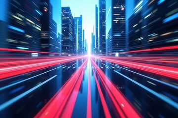 Dynamic Urban Nightscape with Blurred Red Lights through a Futuristic City, Illuminated Skyscrapers, and Reflection on Wet Pavement Creating a Vibrant Atmosphere