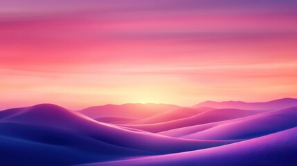 A stunning view of rolling hills bathed in soft purple and pink hues as the sun sets on the horizon. The serene landscape evokes feelings of calm and tranquility.