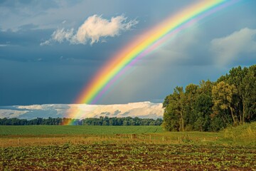 Dramatic sunset landscape showcasing a vibrant rainbow arching over golden fields near a rustic barn on a tranquil evening