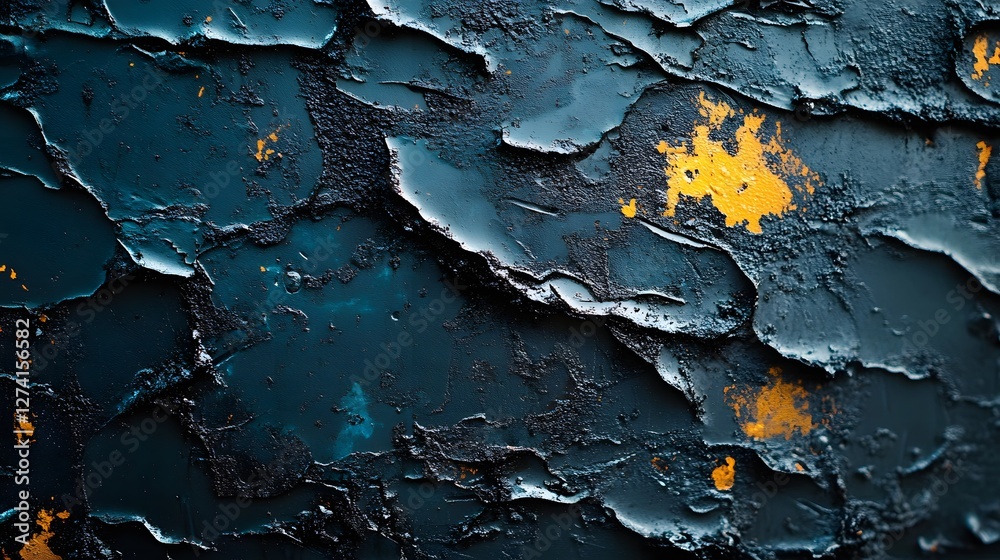 Poster close-up shot of an abstract art piece featuring a textured surface in deep blue and gold tones. abs