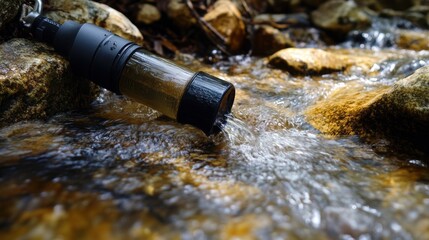 Using a portable water filter to purify stream water for safe drinking in a natural setting