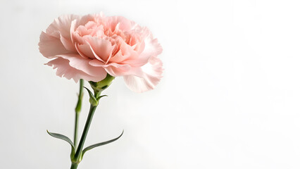 Blooming Pink Carnation on Soft White Background with Copy Space. Perfect for: Mother's Day, Weddings, Anniversaries, Romantic Occasions