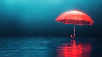 A striking red umbrella stands out against a blue rainy backdrop, representing hope and shelter amidst the storm, surrounded by reflections in water.