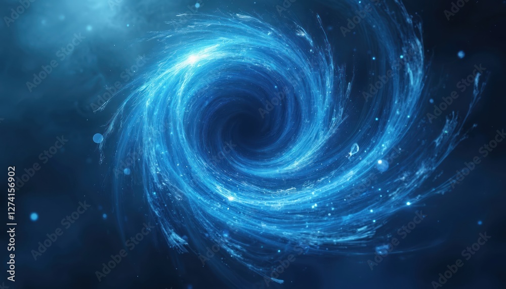 Poster Illustration of abstract blue tornado swirl with wind effect on transparent dark background. Modern air vortex with light twirls. Magic hurricane illustration. Dynamic curve design element.