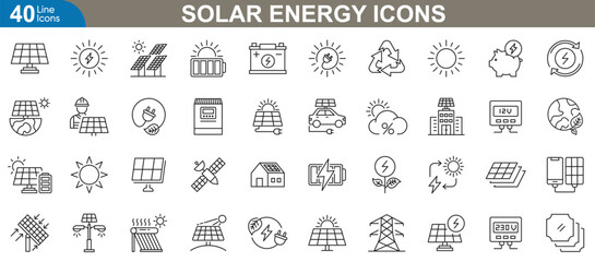 Solar energy icons set. Vector illustrations of renewable energy, panels, solar power systems, green technology, eco-friendly electricity, sustainable energy sources, and more.