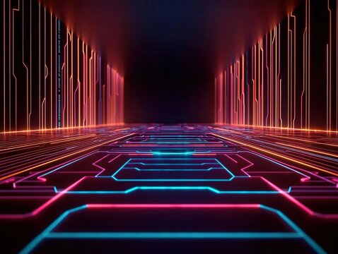 A neon grid of floating quantum circuits dynamically rearranging in response to an AI optimizer