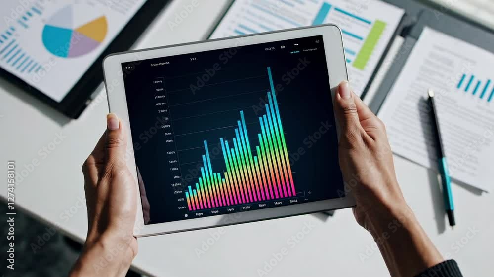 Poster financial professional analyzing positive business progress on digital tablet, demonstrating growth 