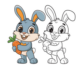 Cute Cartoon Rabbit Holding Carrot Vector Illustration,Happy Bunny with Carrot Cartoon Drawing,Cute Baby Rabbit with Carrot Digital Drawing