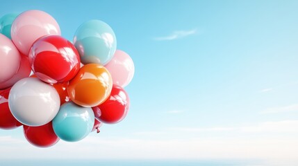 A captivating cluster of vibrant balloons floating against a serene blue sky, evoking feelings of happiness, celebration, and joy in any festive setting.