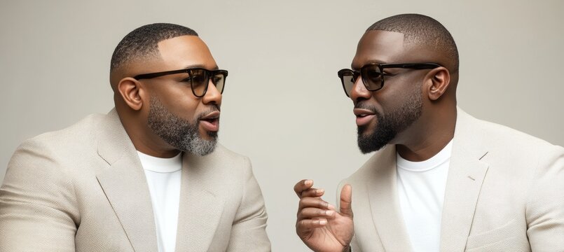 Studio Portrait of Two Stylish Men in Conversation, Sharing a Moment of Animated Discussion.