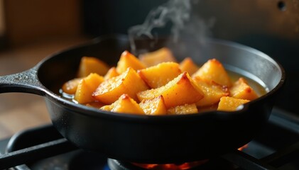 Cast iron deep fryer with simmering oil, golden-brown food, cooking, golden brown