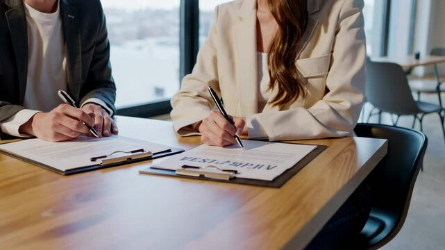 Business partners carefully signing legal document at office desk, capturing professional agreement moment with focused concentration and precise pen movement
