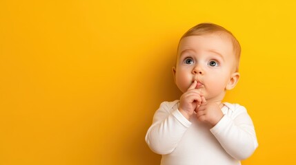 A charming baby with wide eyes and soft features holds up a finger to their lips, embodying playful silence in a cheerful yellow environment.