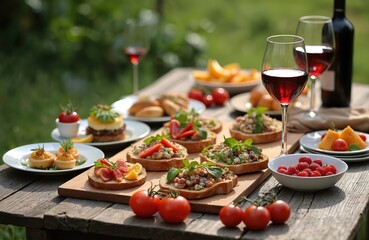 Gourmet food served on rustic table for outside dining. Includes appetizer, bruschetta, fruit, berries, tomatoes, pastries, wine in glassware. Summer celebration, antipasto, social gathering.