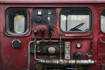 Fototapeta premium Close-up view of fire engine dashboard showcasing essential equipment and tools in vibrant red