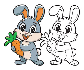 Cute Cartoon Rabbit Holding Carrot Vector Illustration,Happy Bunny with Carrot Cartoon Drawing,Cute Baby Rabbit with Carrot Digital Drawing