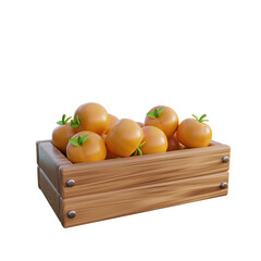  3D rendering of a wooden crate filled with fresh oranges with green leaves. Clean white background. Ideal for projects related to food, agriculture, nutrition,