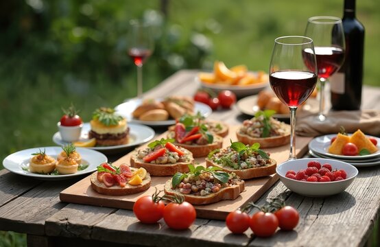 Gourmet food served on rustic table for outside dining. Includes appetizer, bruschetta, fruit, berries, tomatoes, pastries, wine in glassware. Summer celebration, antipasto, social gathering.