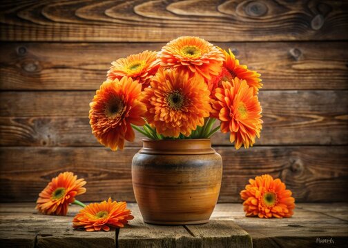 Nutan's vibrant floral still life: oranges burst from a vase, artfully arranged on a vintage wooden table.