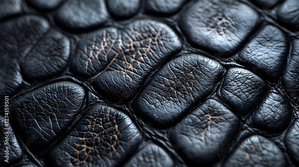 Poster high-detail macro shot showcasing the texture of black crocodile leather. the image displays the int