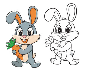 Cute Cartoon Rabbit Holding Carrot Vector Illustration,Happy Bunny with Carrot Cartoon Drawing,Cute Baby Rabbit with Carrot Digital Drawing
