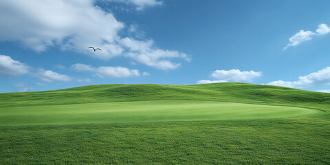 Green Hill Landscape with Bird in Flight and Blue Sky