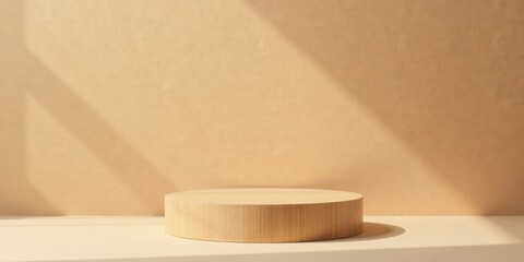 A Minimalist Wooden Display Platform Illuminated by Soft Sunlight Against a Neutral Background