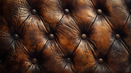 Fototapeta premium Close-up of brown vintage leather texture. Rich, tufted upholstery background. Brown Leather Texture Background: Rich, Vintage Chesterfield Upholstery