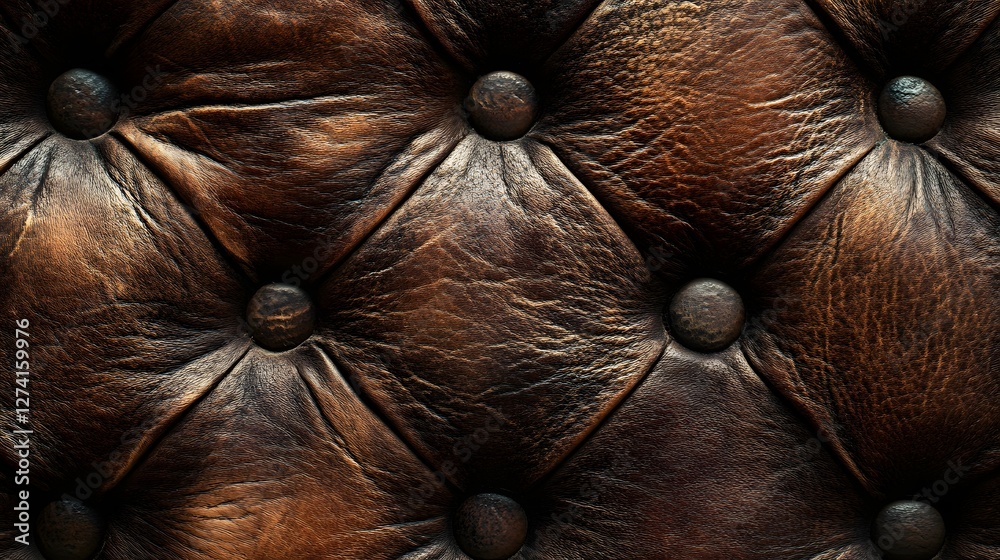 Poster close-up view of a distressed brown leather texture. button detailing adds to the vintage charm. vin