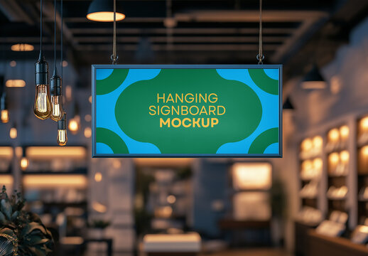 Hanging Signboard Mockup &ndash; Realistic Indoor Retail Sign Display for Storefront Branding, Directional Signage, or Promotional Announcements