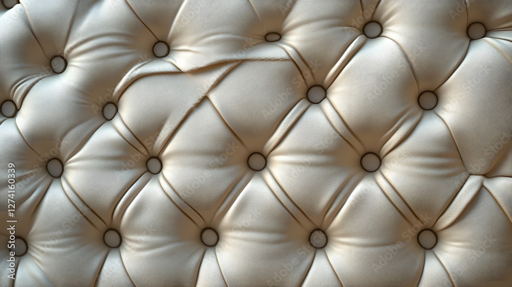 Poster Close-up view of luxurious beige upholstery with detailed button tufting. Elegant and soft texture. Elegant Beige Upholstery Texture: Close-Up of Button-Tufting Detail
