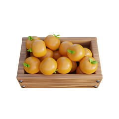  3D rendering of a wooden crate filled with fresh oranges with green leaves. Clean white background. Ideal for projects related to food, agriculture, nutrition,