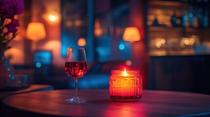 Cozy evening ambiance with wine glass and glowing candle in a stylish lounge setting