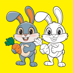 Cute Cartoon Rabbit Holding Carrot Vector Illustration,Happy Bunny with Carrot Cartoon Drawing,Cute Baby Rabbit with Carrot Digital Drawing