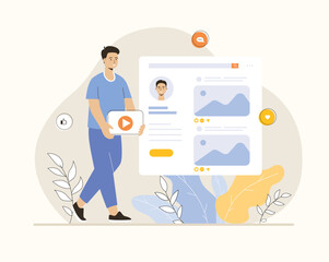 Influencer posts new photos to online blog, creates content, collects likes and hearts. Social media content marketing, sharing images and videos. Flat vector illustration.	
