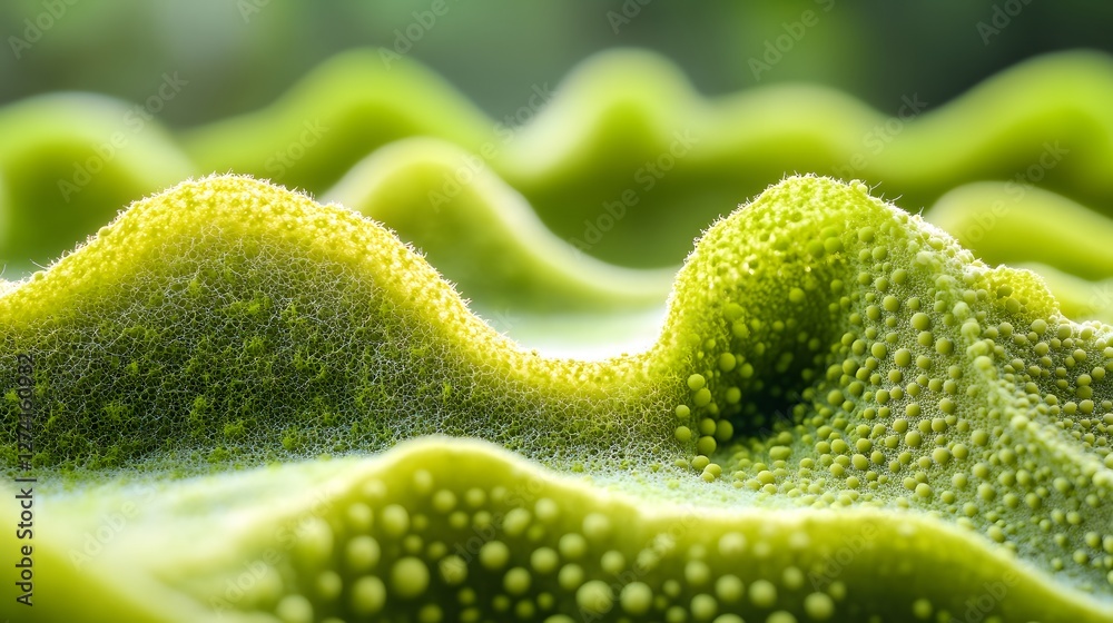 Poster a detailed macro shot revealing the complex texture of a green organism, showcasing its intricate de