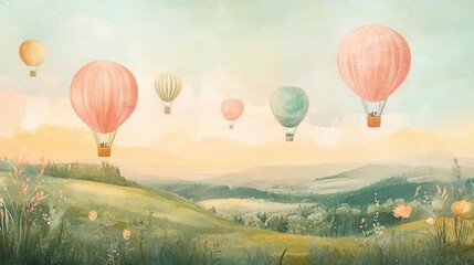 Obraz premium Watercolor Hot Air Balloons in Vibrant Colors Over a Peaceful Countryside at Sunrise