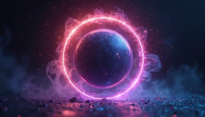 Abstract neon energy sphere illustration. Glowing particles, waves on dark backdrop. Circle frame with magic purple pink flame, sparks. AI generated futuristic three-dimensional design. Great for