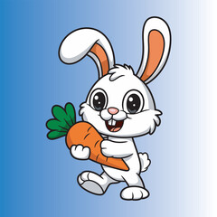 Cute Cartoon Rabbit Holding Carrot Vector Illustration,Happy Bunny with Carrot Cartoon Drawing,Cute Baby Rabbit with Carrot Digital Drawing