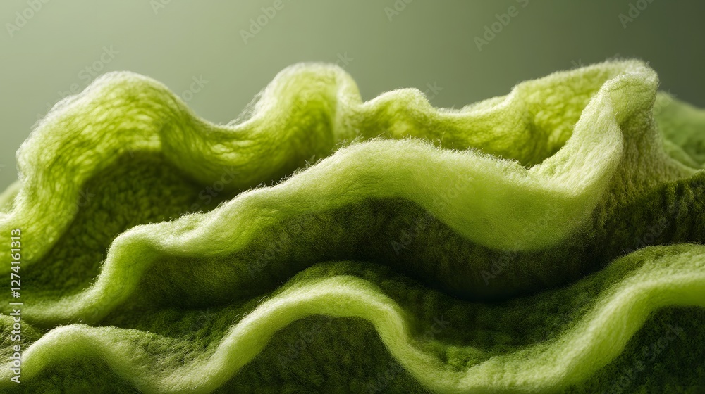 Poster close-up of a soft, green woolen fabric, exhibiting a captivating texture and unique draping. the im