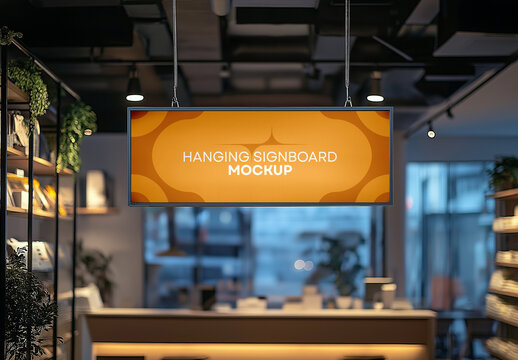 Hanging Signboard Mockup &ndash; Indoor Storefront Display with Warm Lighting for Logo, Branding, or Restaurant Sign Presentation