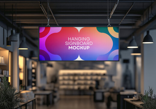 Hanging Signboard Mockup, Realistic Indoor Display, Customizable Design for Branding and Banners