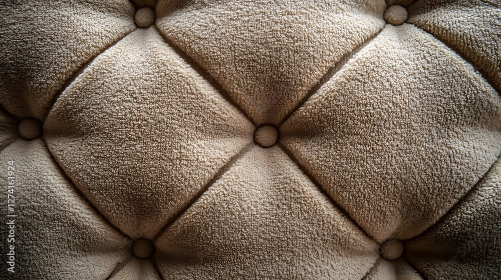 Poster Close-up of beige tufted upholstery texture with buttons. Detailed view of fabric pattern. Beige Tufted Upholstery Texture: Close-Up of Buttoned Fabric