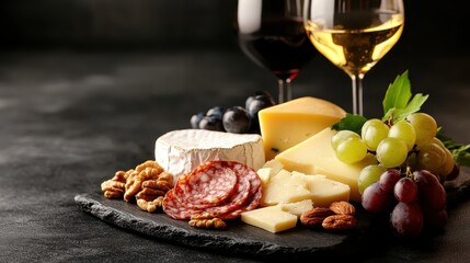 A sophisticated setup of wine and cheese alongside fresh grapes on a dark slate board, creating a luxurious ambiance for special gatherings or romantic evenings.