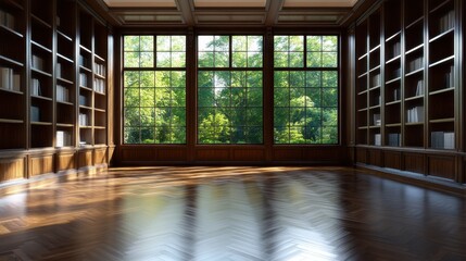 Obraz premium A luxurious library beautifully lit by large windows, featuring wooden shelves filled with books, capturing elegance and a love for reading in a tranquil environment.
