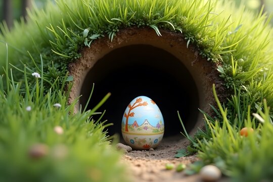 A rabbit&rsquo;s burrow entrance hidden among lush green grass, with a single painted egg left outside.