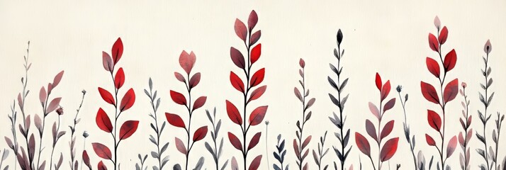 Fototapeta premium Abstract Watercolor Foliage Delicate Red and Gray Botanical Illustration on Soft Beige Background